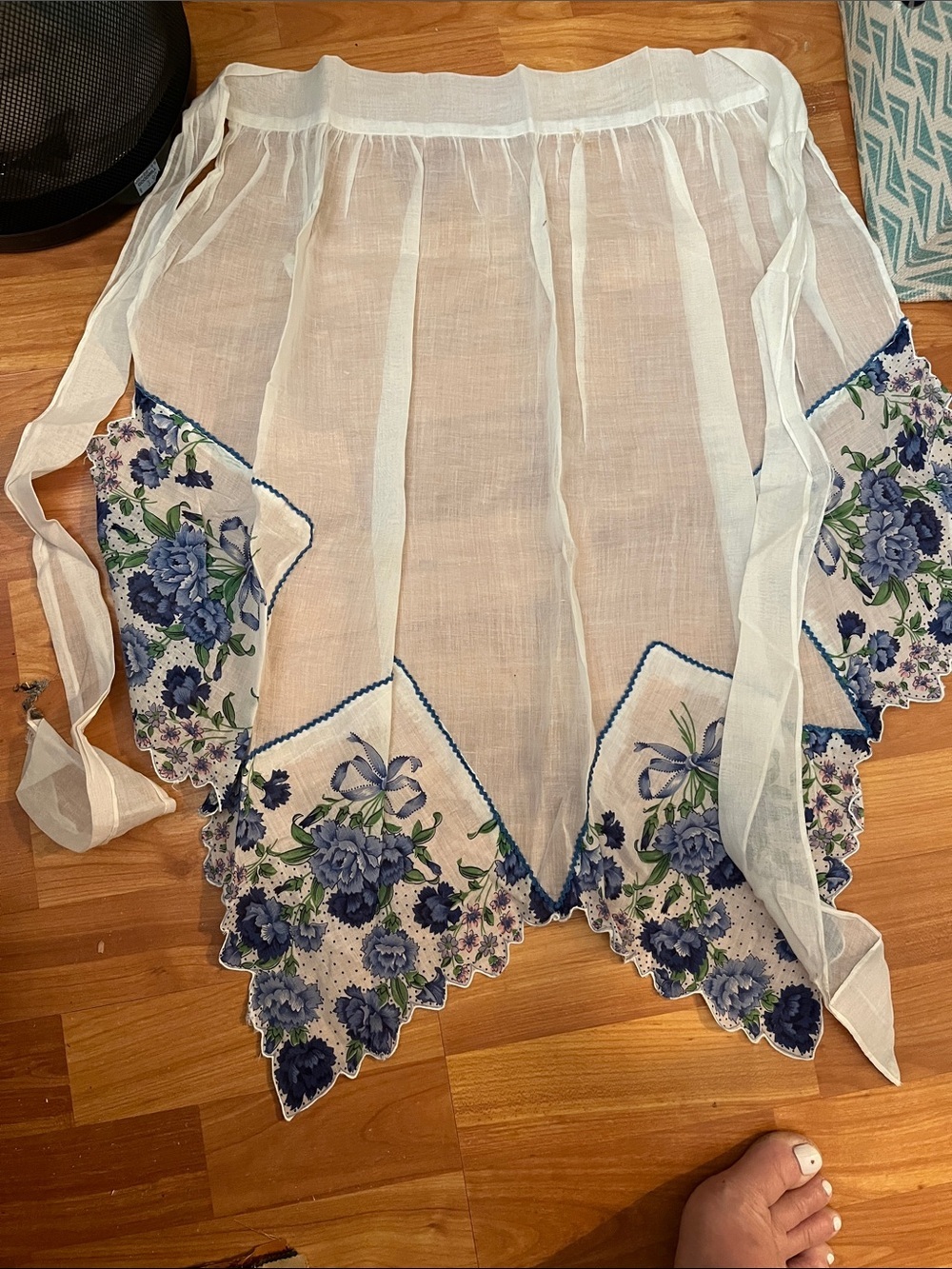 White Sheer Apron with Blue Floral Kerchiefs edging